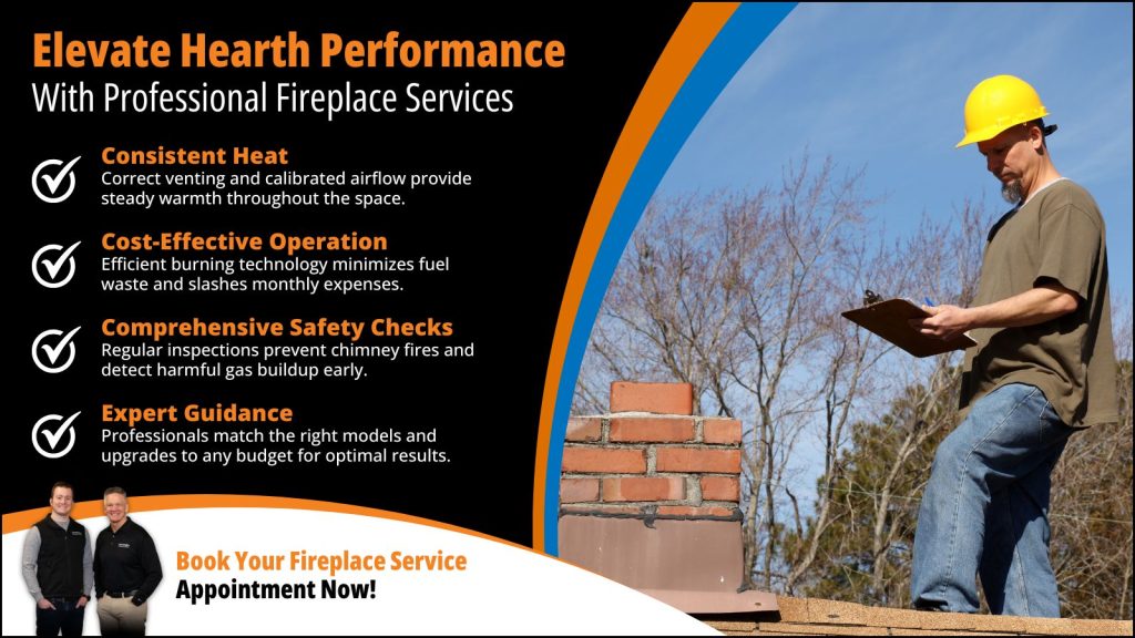 This is an image of a chimney expert on the roof investigating a chimney. The headline reads elevate her performance with professional fireplace services.