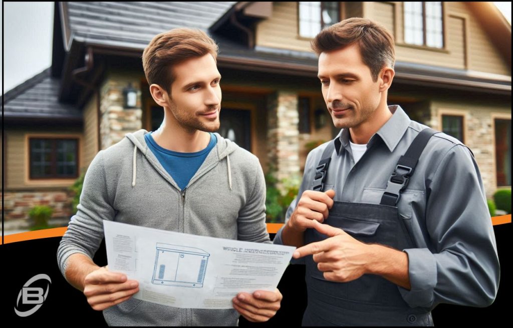 This is an image of a male homeowner talking to an electrician about install a whole home generator.