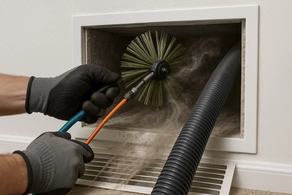 Technician cleaning duct interior with brushes and vacuum hose close‑up
