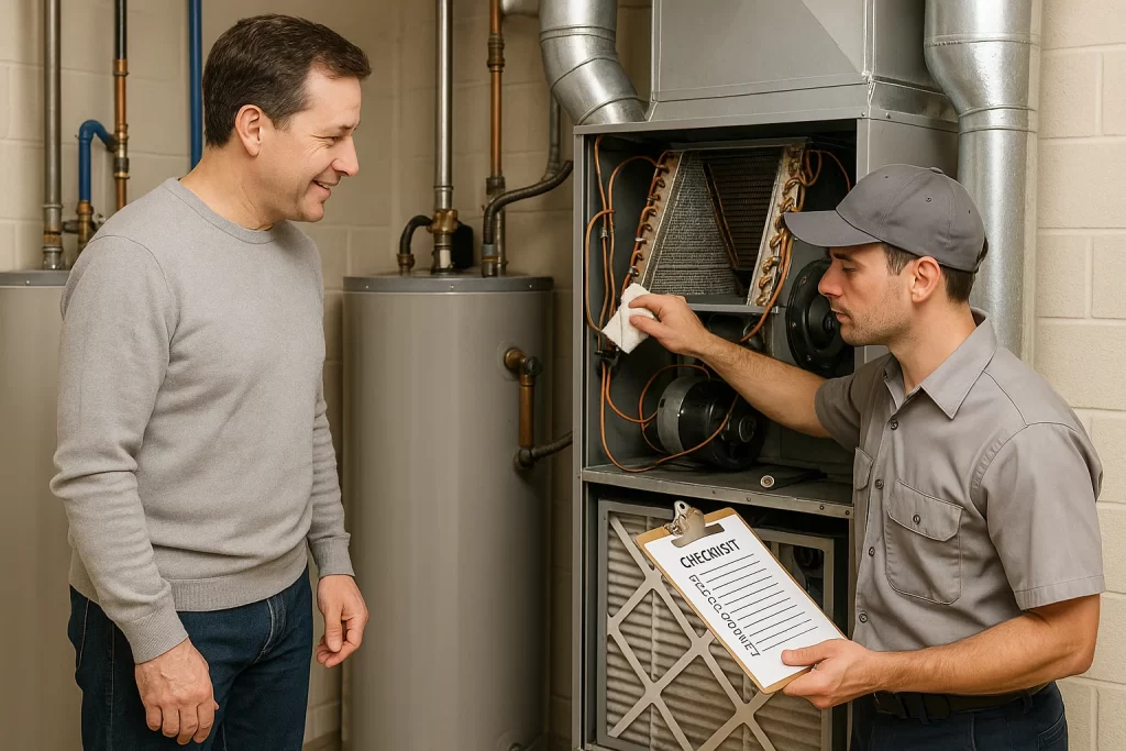 Technician performing routine preventative HVAC maintenance indoors with checklist