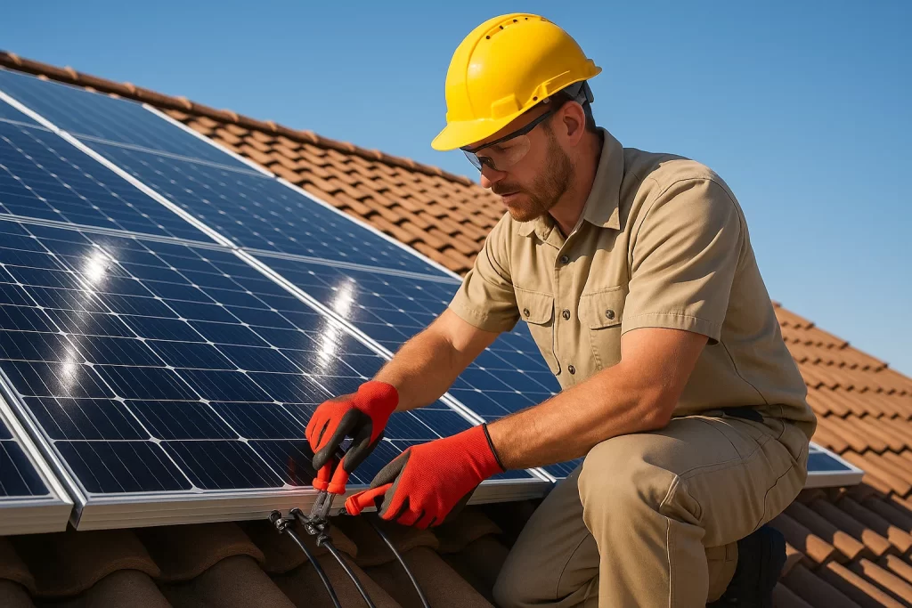 Technician installing solar panels on roof under clear summer sky