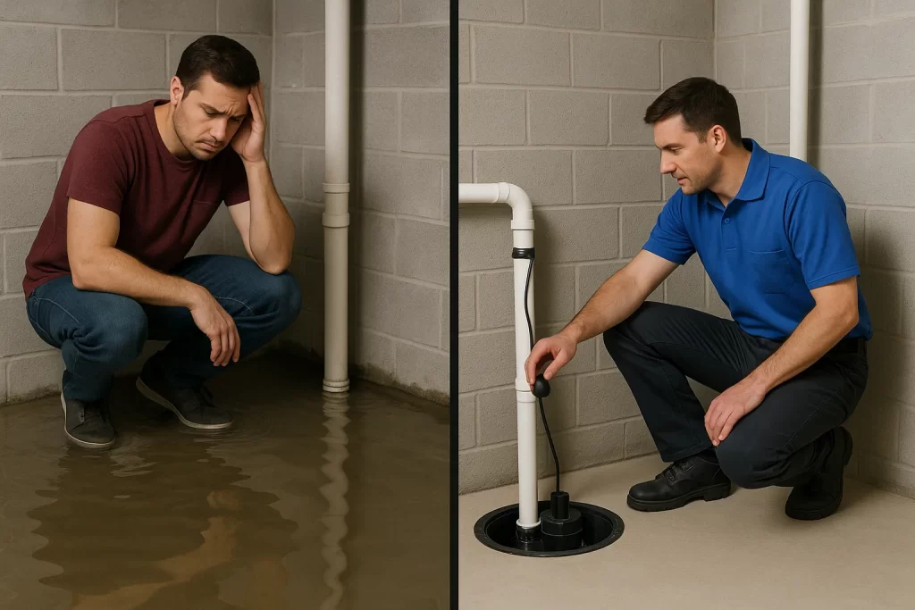 Before‑and‑after: flooded basement vs protected dry basement with operating sump pump