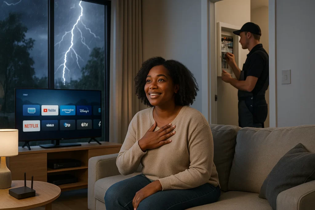 Homeowner safe indoors during storm thanks to whole-house surge protector.