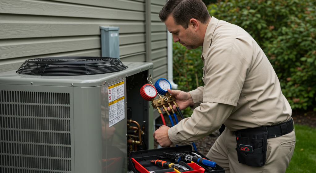 HVAC technician installing heat pump unit at a residential property in Bellingham, WA.