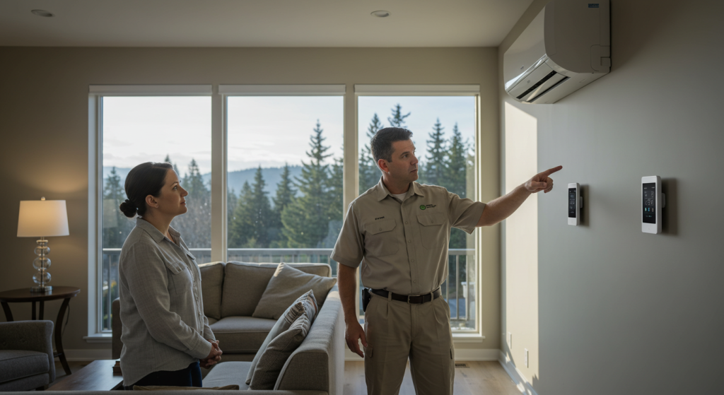 Homeowner consulting with HVAC technician about new central air conditioning system in Bellingham home.