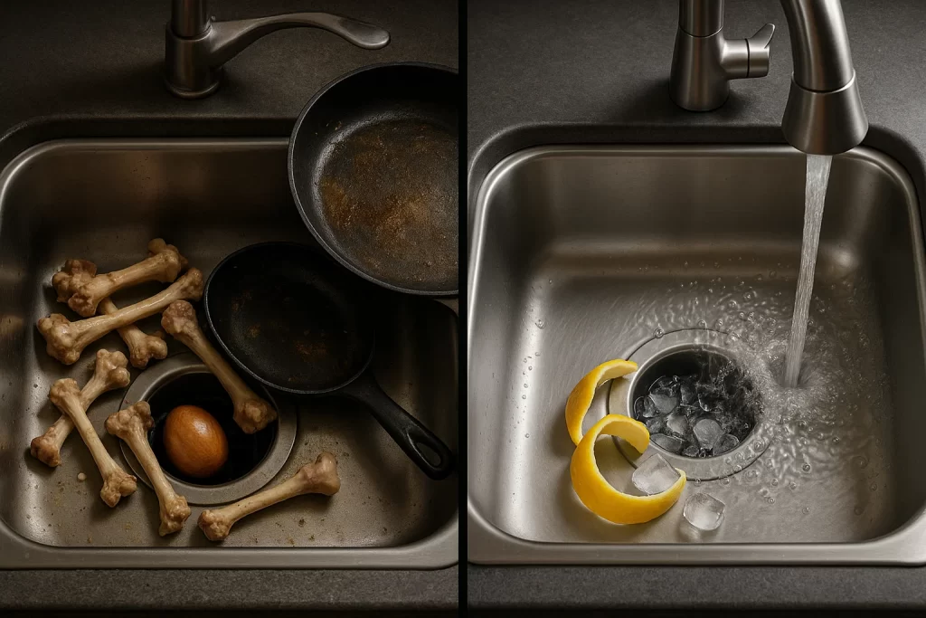 Split image showing clogged disposal with harmful items vs. proper disposal care