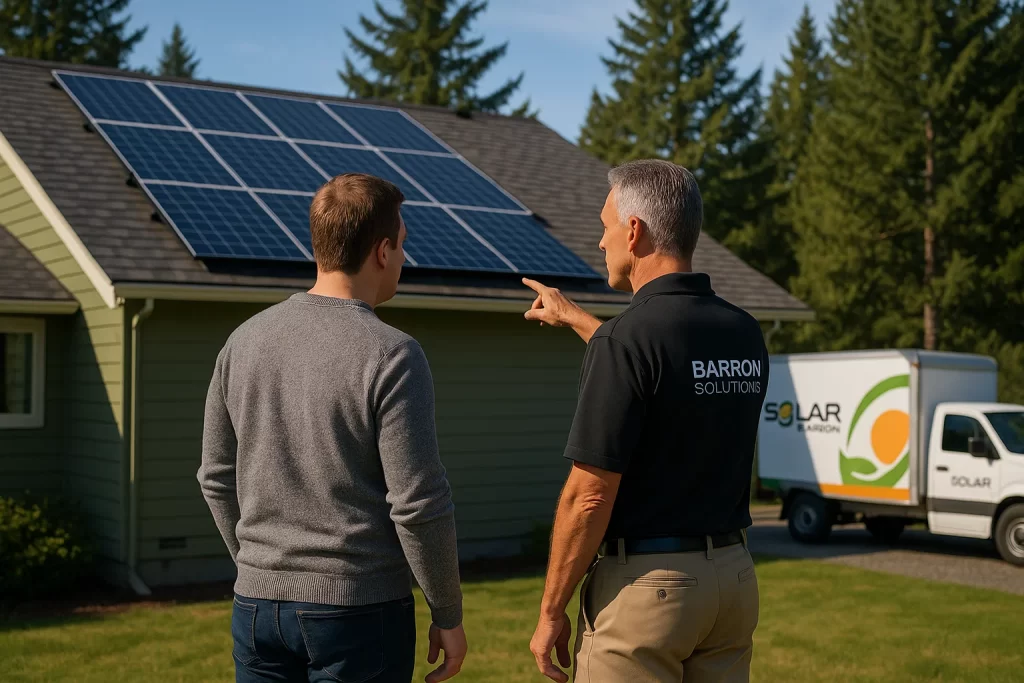 Homeowner and solar consultant review panel layout on tablet in Washington backyard