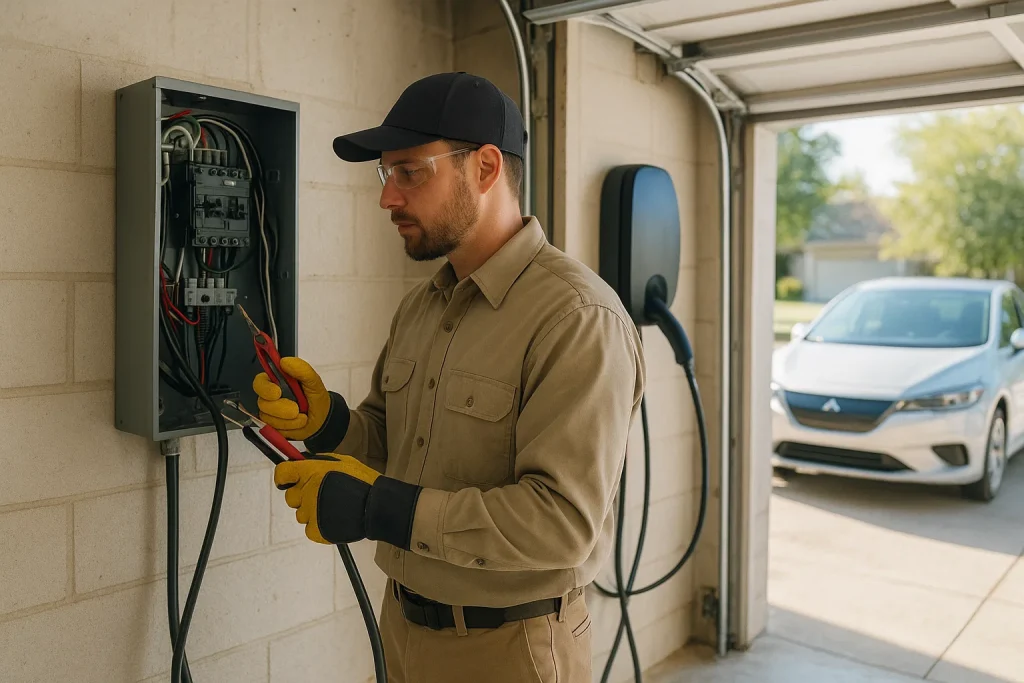 Technician wiring EV charger at home electrical panel with safety gear