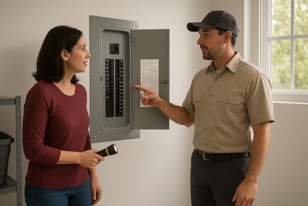 An electrician consults with a homeowner about her electrical panel.