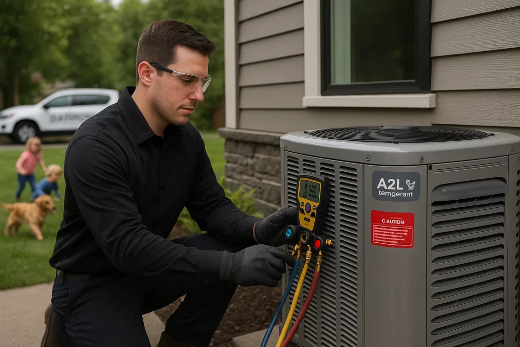 Technician using manifold gauge to check A2L refrigerant levels on AC unit.