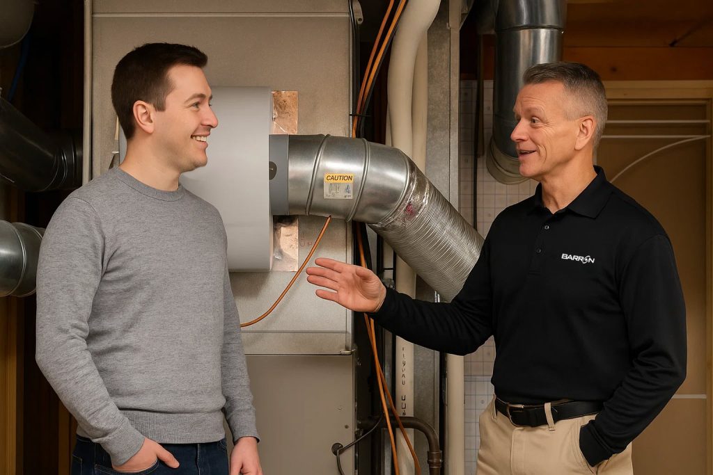 An HVAC technician and a homeowner stand in the homeowners basement discussing a whole home humidifier
