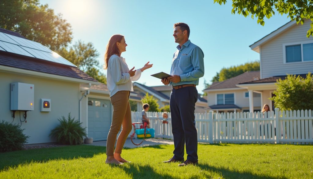 A homeowner and solar tech discussing solar panels and batteries.