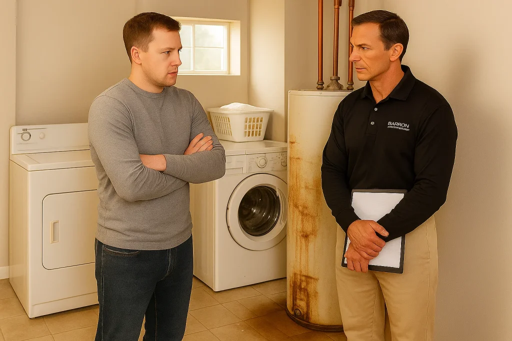 Homeowner and technician inspecting a leaking tank water heater in a utility room
