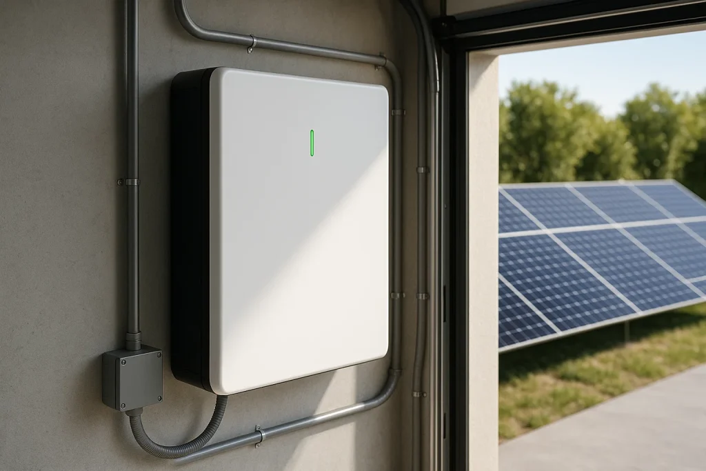 Modern solar battery backup system installed on garage wall with solar panels outside