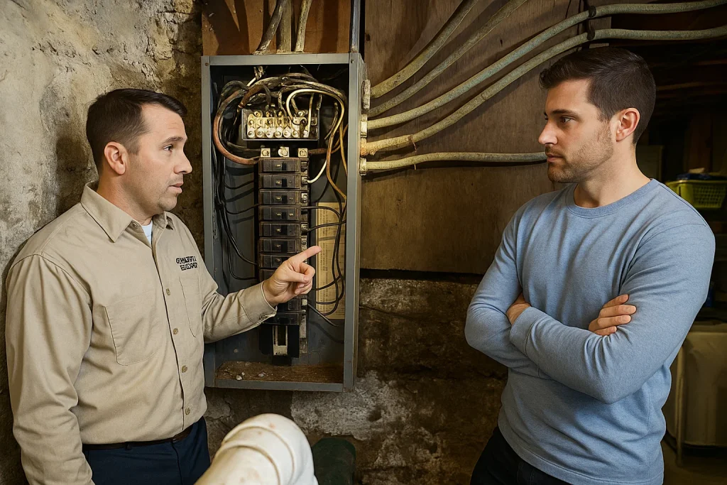 Homeowner with electrician reviewing outdated fuse box in Ferndale home