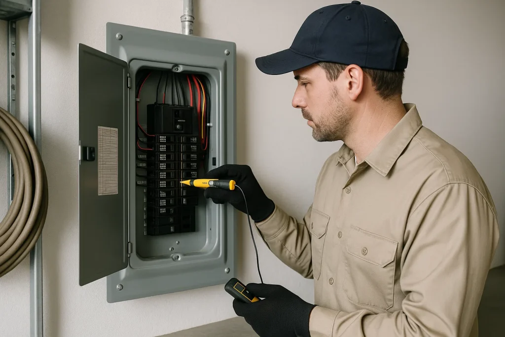 Electrician upgrading residential electrical panel in utility room