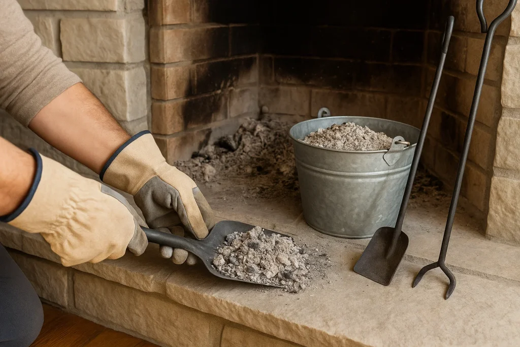 Homeowner cleaning old ash and debris from fireplace firebox