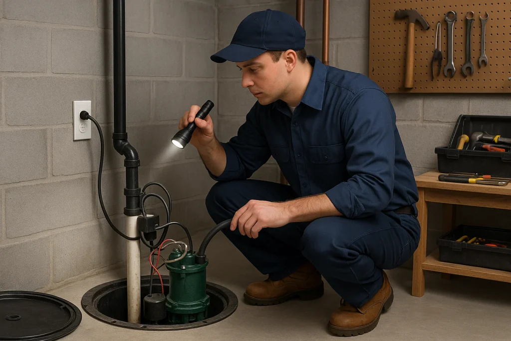 Technician inspecting sump pump float switch and electrical connections