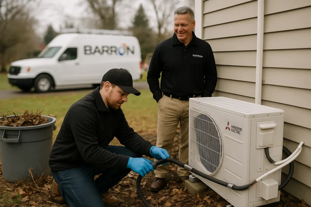Technician insulating refrigerant lines on outdoor mini-split system