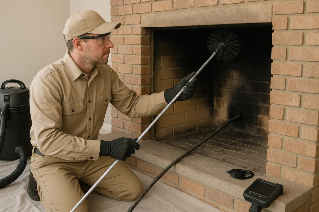chimney technician cleaning fireplace flue using rotary brush and safety gear