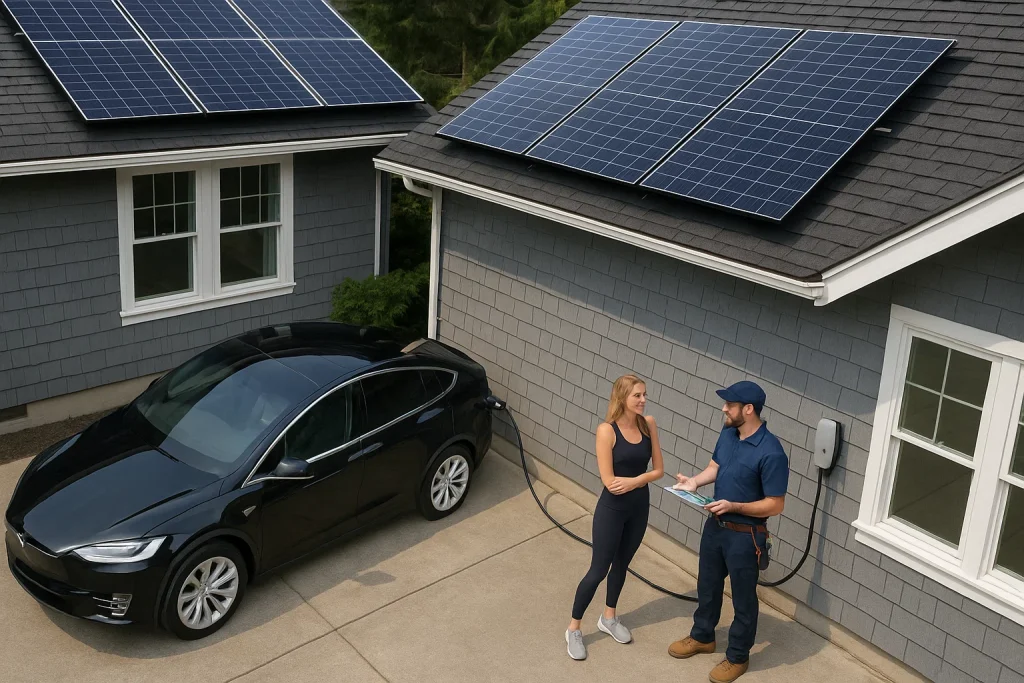 An image of a homeowner and electrician standing by an electric car plugged in to a home charging outlet..