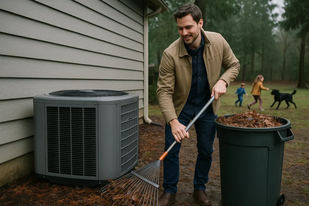 homeowner clearing wet leaves from outdoor heat pump in Pacific Northwest