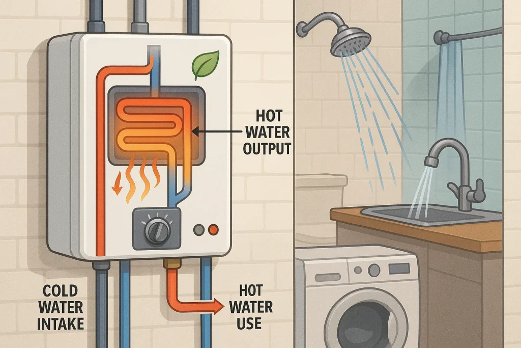 Diagram of a wall-mounted tankless water heater with flowing water lines, showing instant heating during simultaneous home usage.