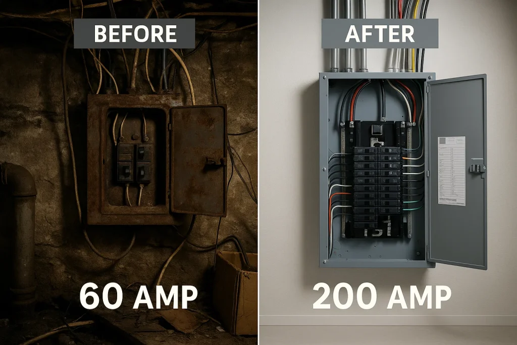 Side-by-side image comparing an outdated 60-amp panel with a modern 200-amp upgraded electrical panel in a clean utility room.