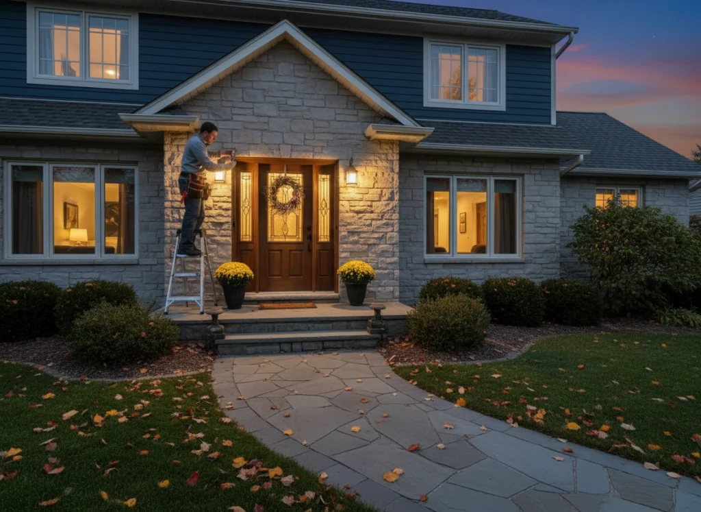 Homeowner turning on motion‑sensor porch light at front door pathway at dusk