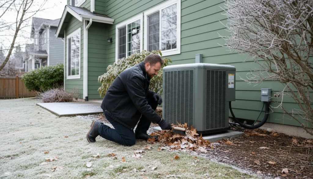HVAC technician clearing debris from central heat pump before winter