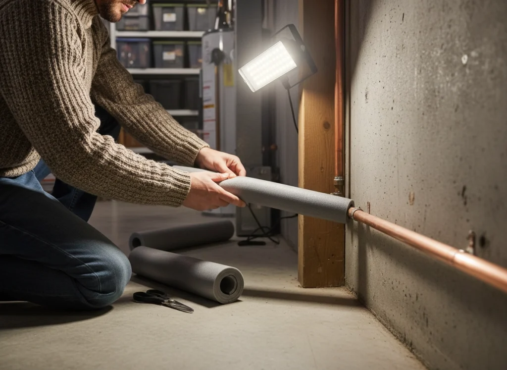 Homeowner wrapping basement water pipes with insulation to prevent freezing