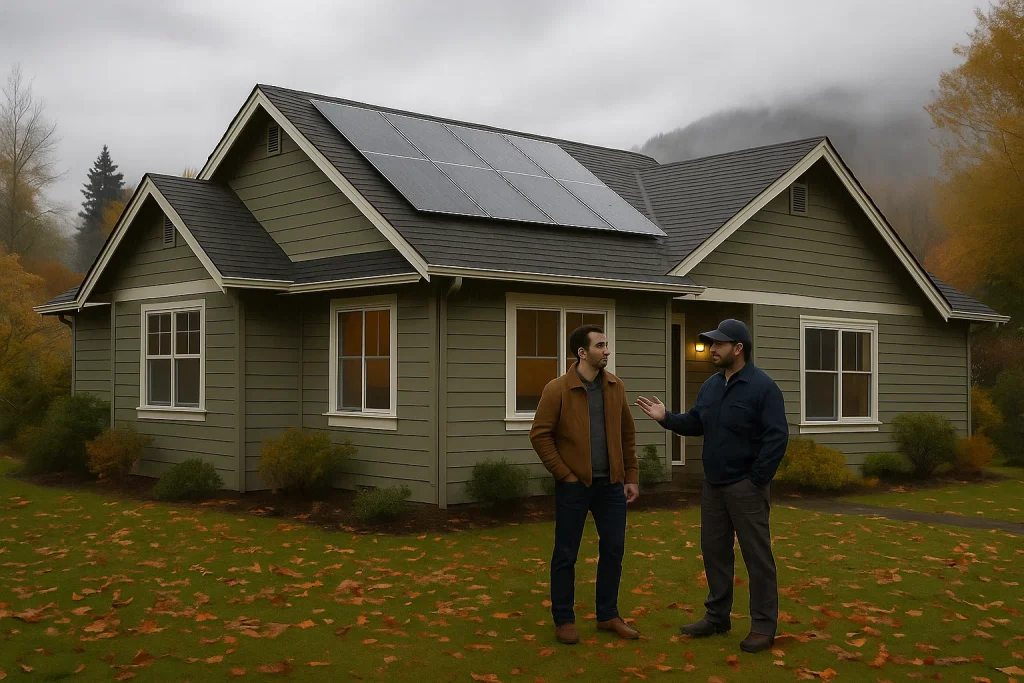 Solar panels generating power on cloudy fall day in Burlington, WA
