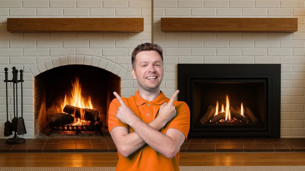 A man choosing between a gas or wood fireplace.
