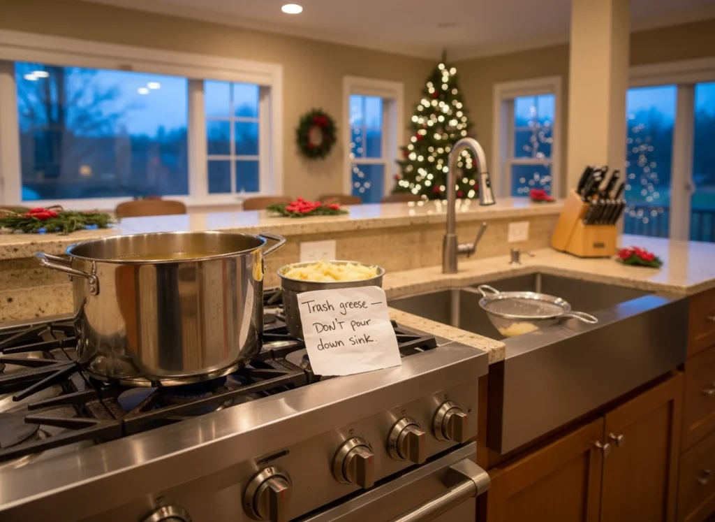 Kitchen sink with pot of cooking oil and trash‑bound grease beside drain strainer during holiday cooking