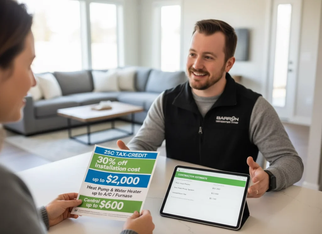 Homeowner reviewing 25C credit flyer and HVAC estimate in kitchen while considering