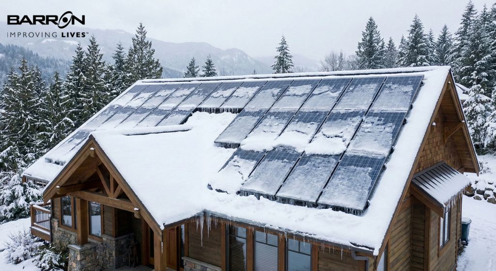 a set of residential solar panels with snow and ice covering them. The solar panels are on the roof of a home Washington State in winter