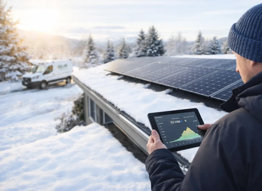 Rooftop solar panels generating energy in winter with homeowner checking monitoring app