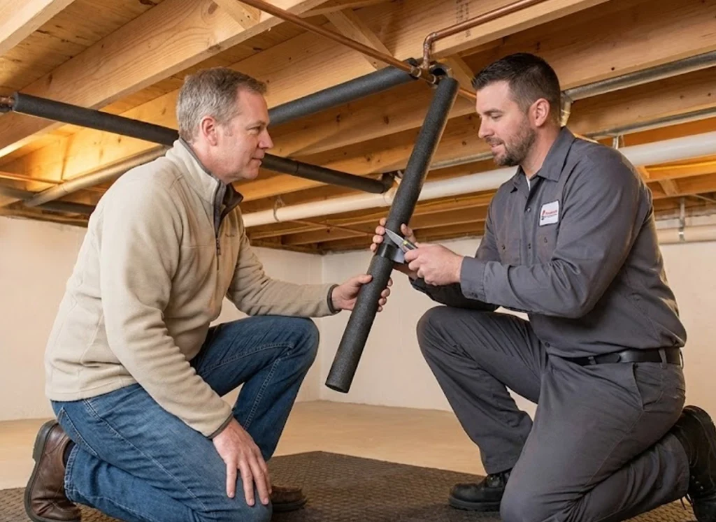 Technician demonstrating pipe insulation in basement crawl space to prevent freezing