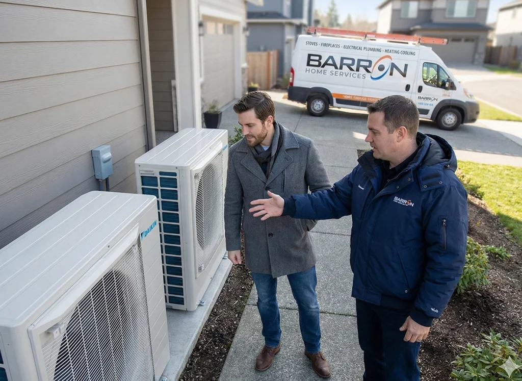 Daikin heat pump and air handler outside suburban home showcasing quality and efficiency