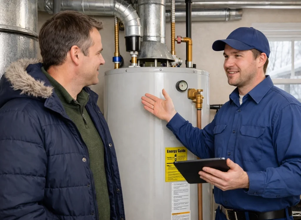 Plumber helping homeowner choose the right water heater
