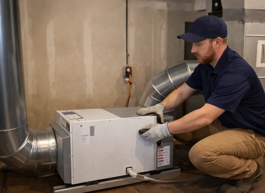 An HVAC technician installing a whole home air purifier system.