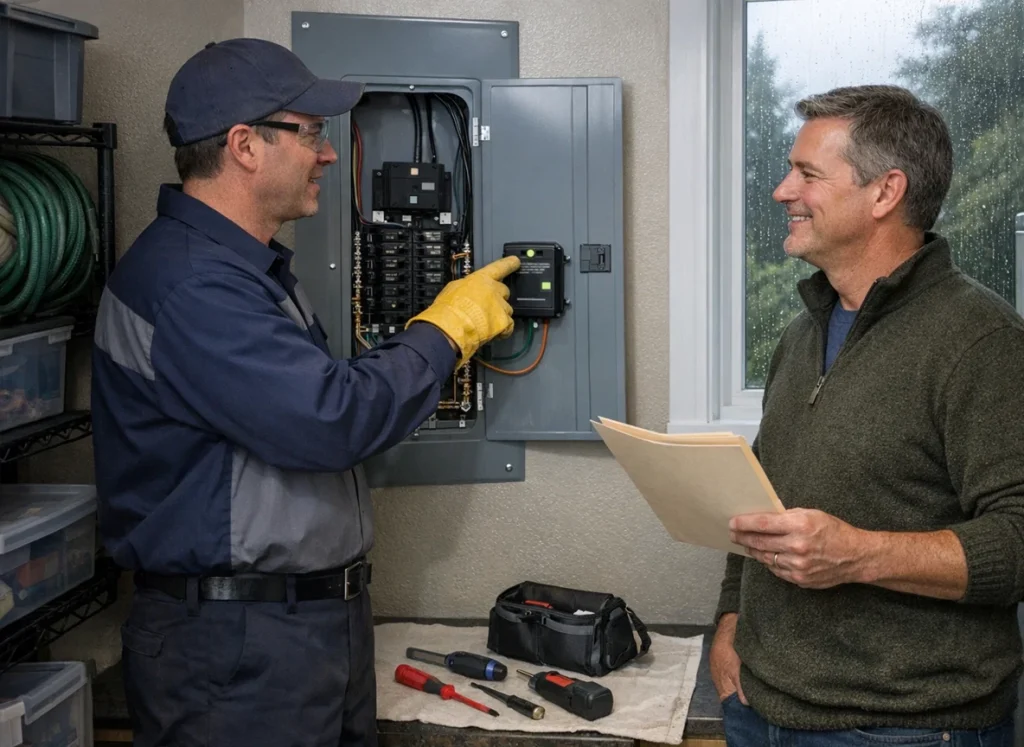 Homeowner and electrician reviewing whole-home surge protection at electrical panel in Washington