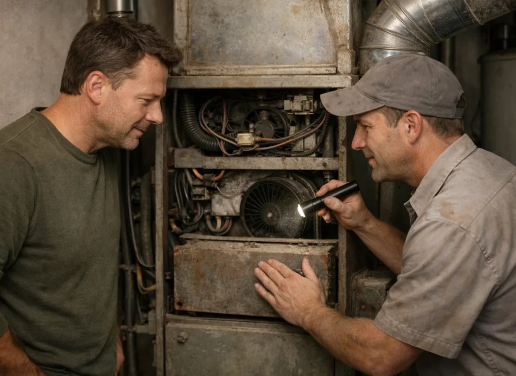 Homeowner and HVAC technician discuss furnace rattling noises