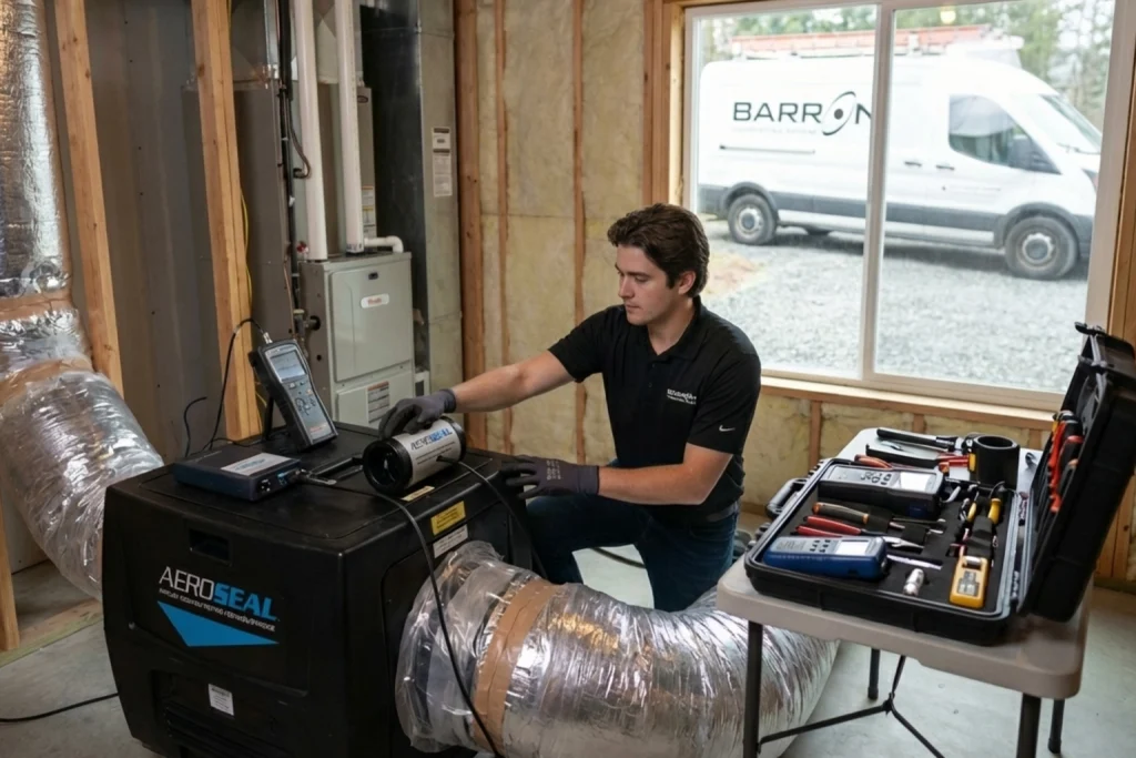 HVAC technician performing Aeroseal duct sealing in Bellingham home