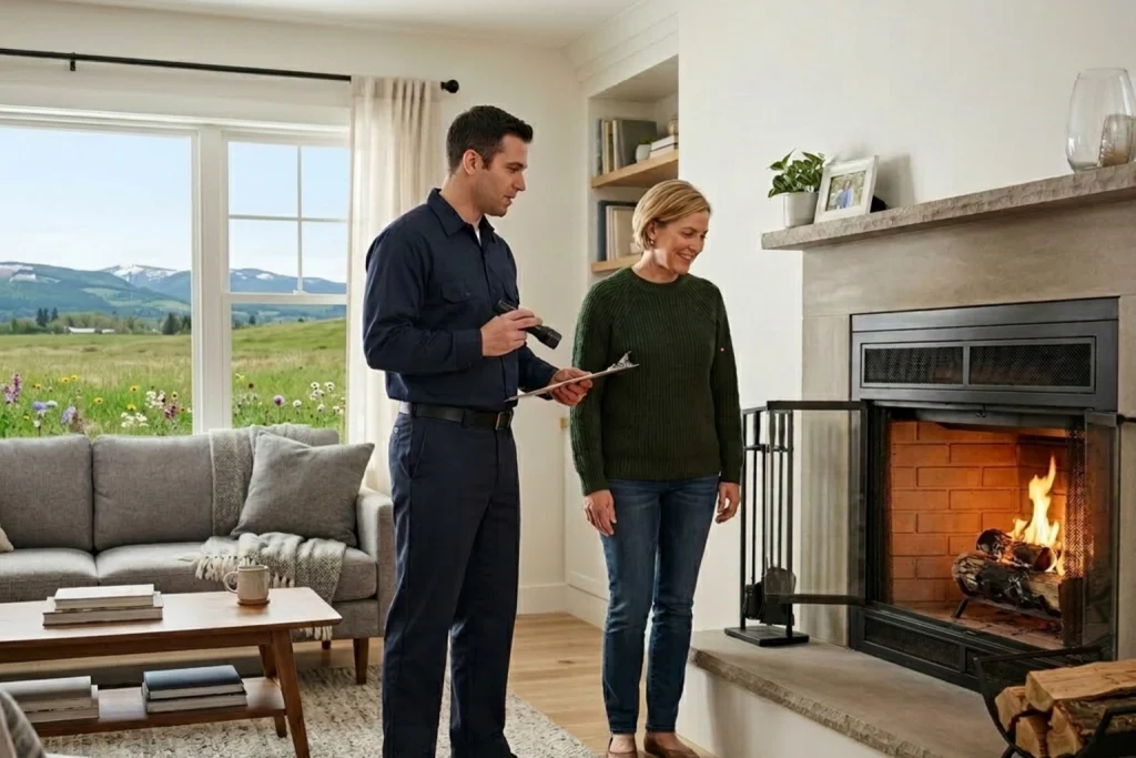 Homeowner learning fireplace efficiency benefits from technician