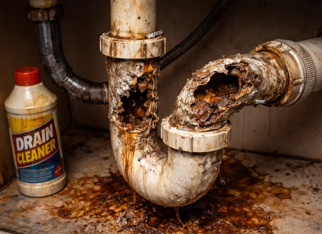 An image of a damaged pipe from excessive drain cleaner usage.