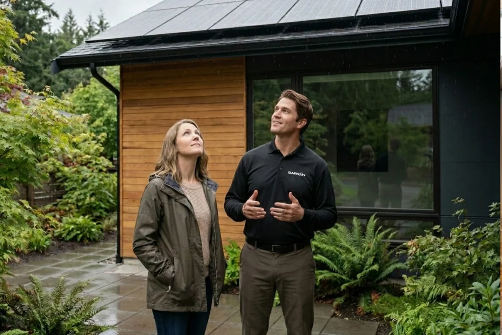 Homeowner learning how solar works on rainy spring days
