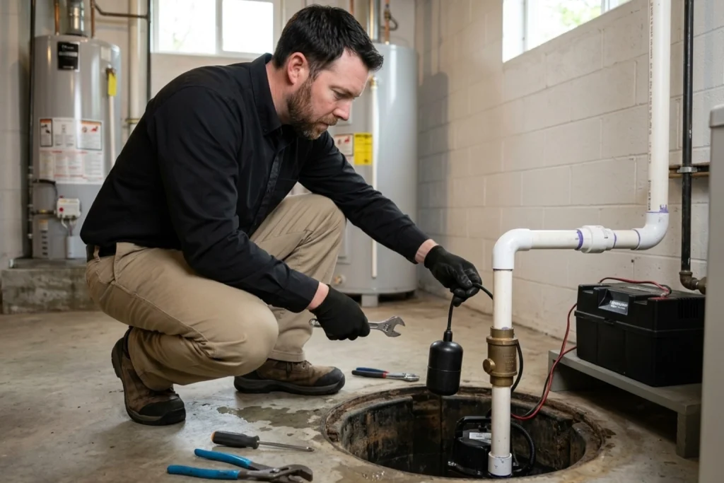 Plumber inspecting sump pump and battery backup system