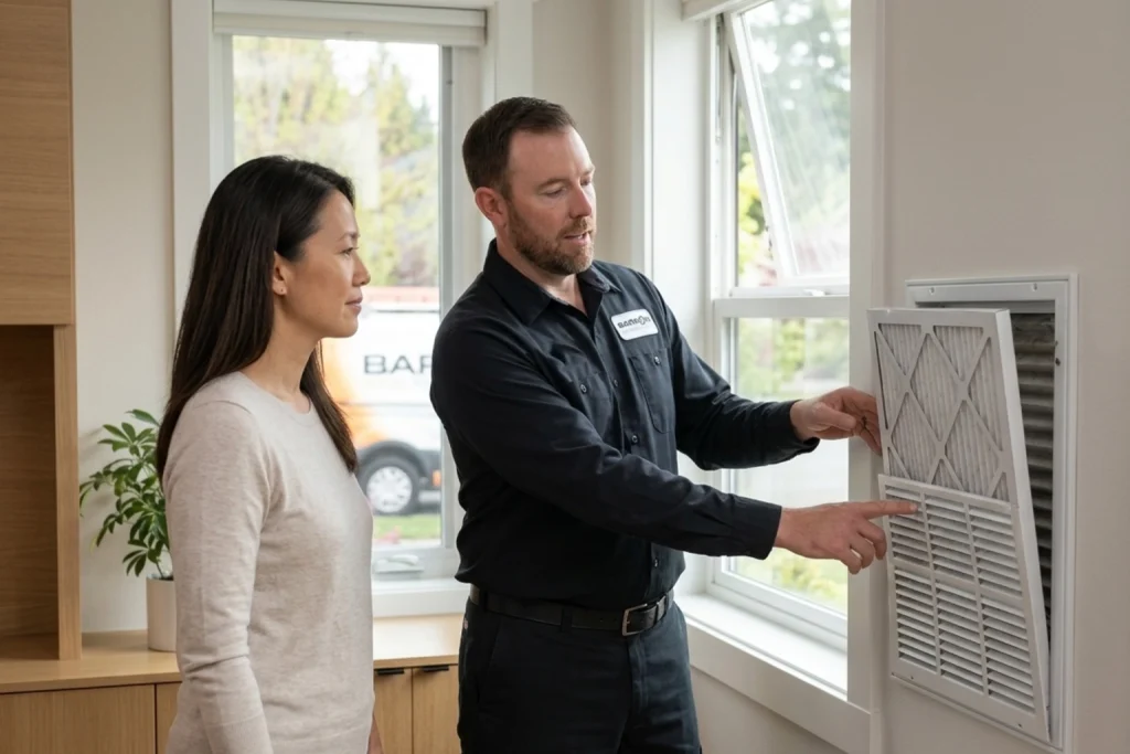 Homeowner reviewing smart spring ventilation with indoor air quality technician