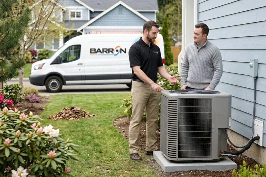 Homeowner discussing spring AC cleaning with technician